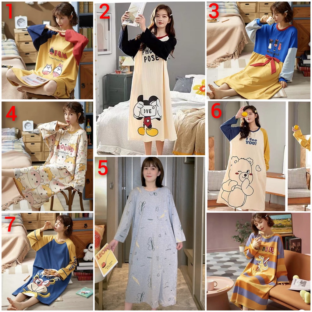 Baju tidur daster lengan panjang bahan kaos import DSTPJ