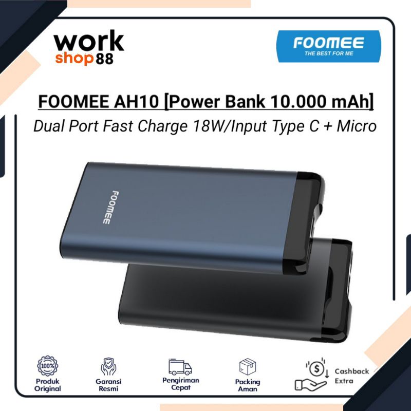 Baru FOOMEE AH10 Power Bank 10000 mAh 2 USB Type C & Micro 18W LED display Indikator - New Original 