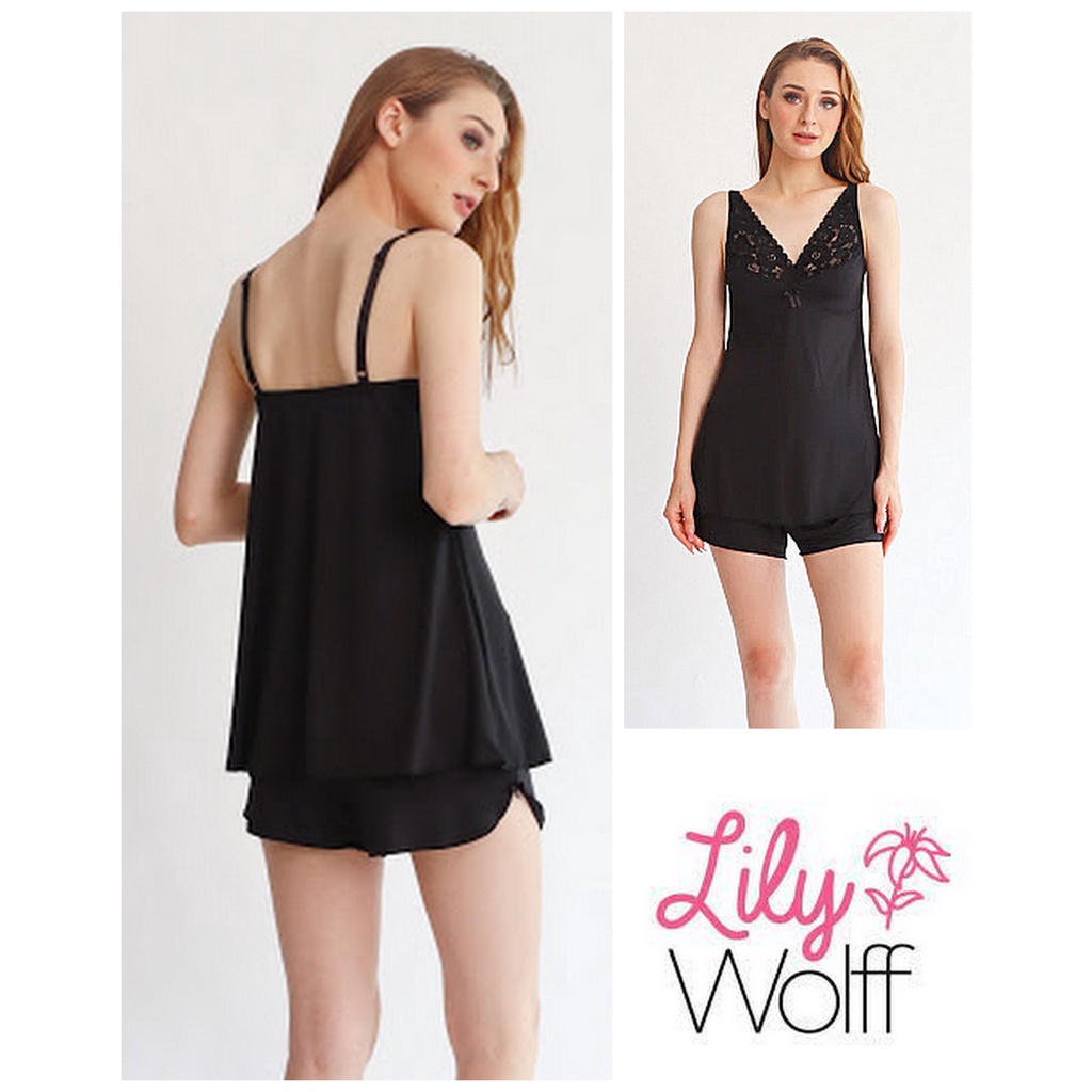 Lingerie Wanita Renda Baju Tidur Setelan Kamisol Celana Pendek Premium LILY WOLFF Lembut Elastis Best Seller LW6734BLK-2