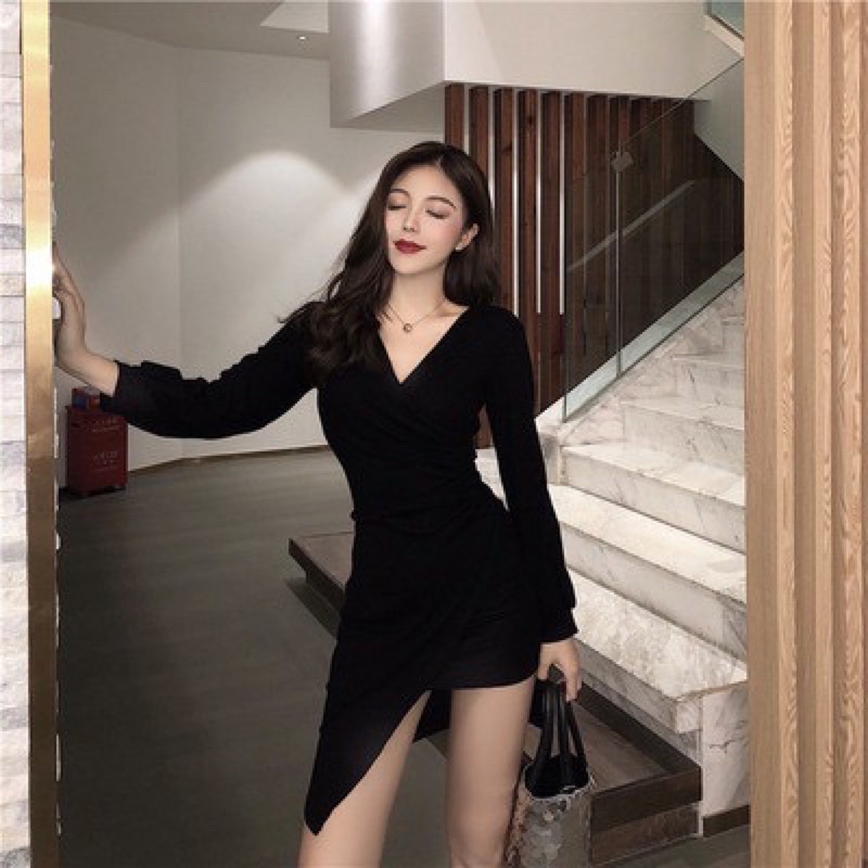 Dress Wanita Lengan Panjang Korean Bodycon Long Sleeve Mini Dress