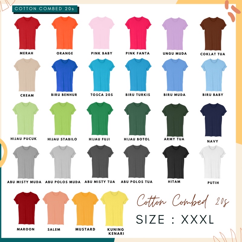 BIG SIZE XXXL - Kaos Polos Lengan Pendek Katun Combed 20s (PRIA &amp; WANITA)