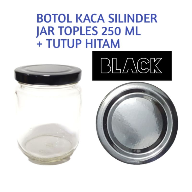 250ML TUTUP HITAM / PUTIH  BOTOL KACA 250ML BARU + TUTUP SENG BARU / BOTOL SILINDER BULAT TOPLES  KACA 250 ML KHUSUS GOJEK jkt