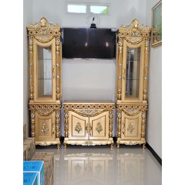 Bufet Tv Cincin Kayu Jati Finishing + Kaca