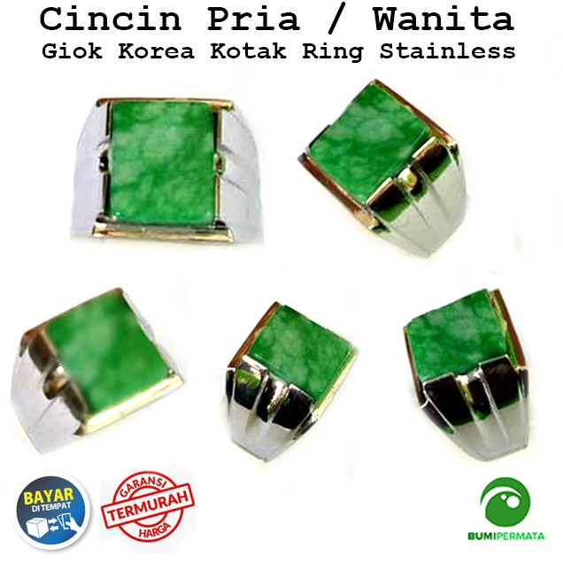 Cincin Batu Akik Pria Wanita Giok Korea Hijau Jade Asli Alam Keren Ring Monel Elegan