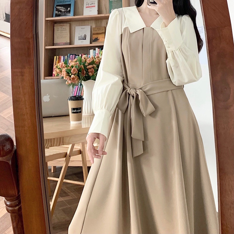 [littlecrab] Dress Wanita Putih Hitam Moka Kemeja Dress Kerja Lengan Panjang Dress Simple Elegan Korean Style