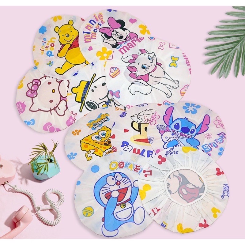 shower cap kartun karakter doraemon pooh mickey hello kitty pembungkus rambut mandi