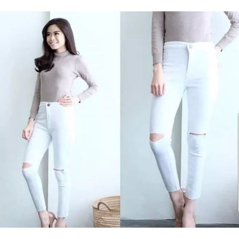 Celana HW jeans wanita/celana sobek lutut/celana jeans wanita Size 27-34