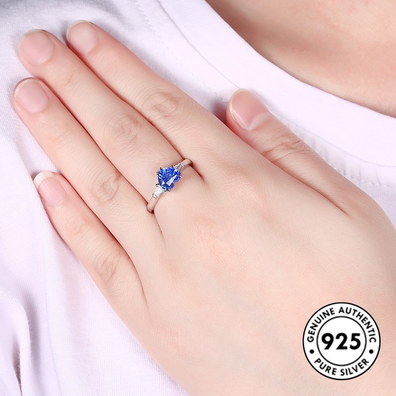 Cincin Sapphire Bentuk Hati Bahan S925 Silver Gaya Klasik Elegan