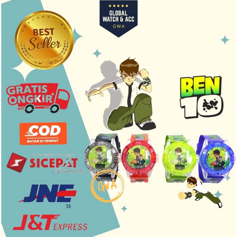 Jam tangan anak laser musik karakter Ben 10