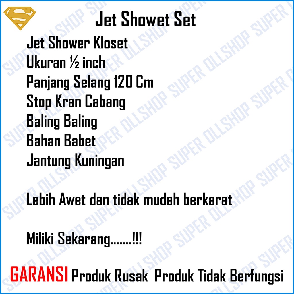 Jet Shower Kloset Toilet Closet Cebok WC Semprotan Duduk Kamar Mandi Ringan Kamar Mandi Selang Putih Stop Kran 1 Set