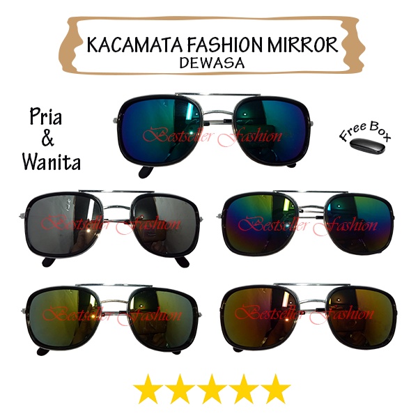 Kacamata Fashion Aviators Pria dan Wanita Lensa Mirror Anti Silau Kaca Mata Hitam Keren Unisex Frame Metal FREECASE