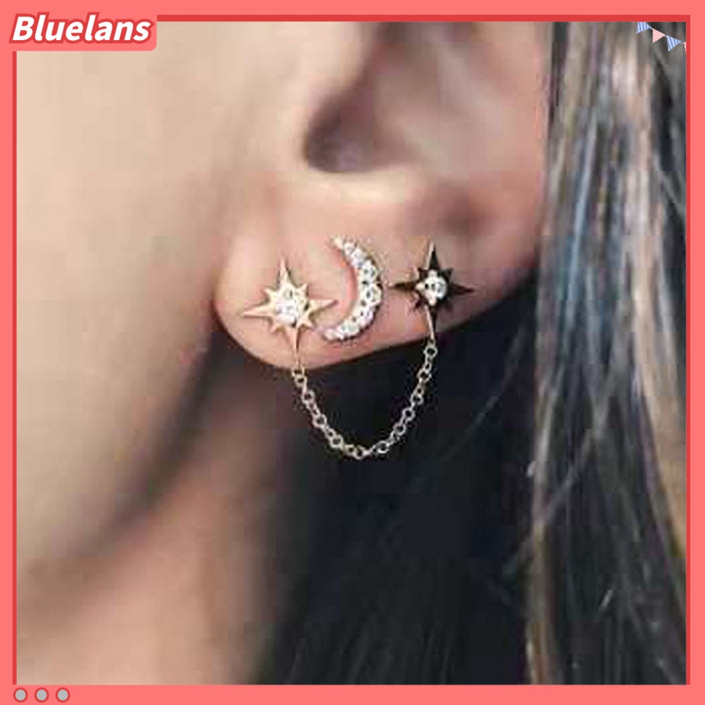 Bluelans 2Pcs Earring Vintage Moon Star Chain Rhinestone Alloy Unique Ear Stud for Women