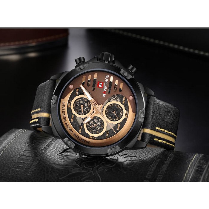 Promo Jam Tangan Pria Cowok Naviforce NF9110 Original Leather Black Brown Termurah