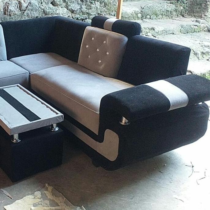 Sofa L Putus Beludru New Eyes Abu-Abu Hitam/Abu-Abu Merah- Promo Murah Toko.Aprel