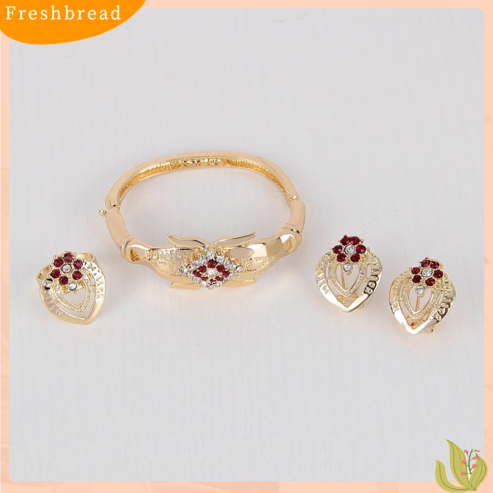 Terlaris Rhinestone Heart Flower Necklace Stud Earrings Ring Bracelet Women Jewelry Set