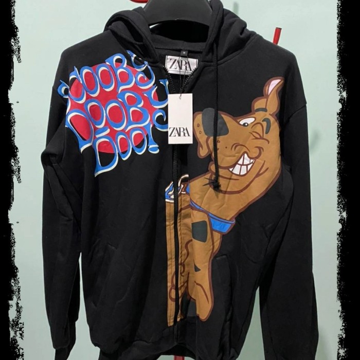 baju kaos pakaian hoodie zipper pria/wanita scooby doo hitam size m