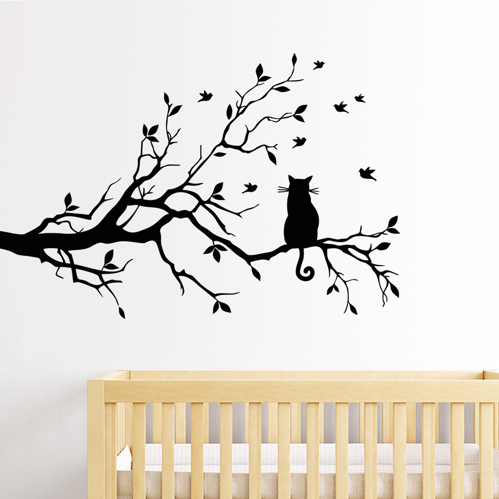 Stiker Dinding / Jendela Bahan Pvc Ukuran 58x38cm Motif Cabang Pohon Kucing Untuk Dekorasi Rumah