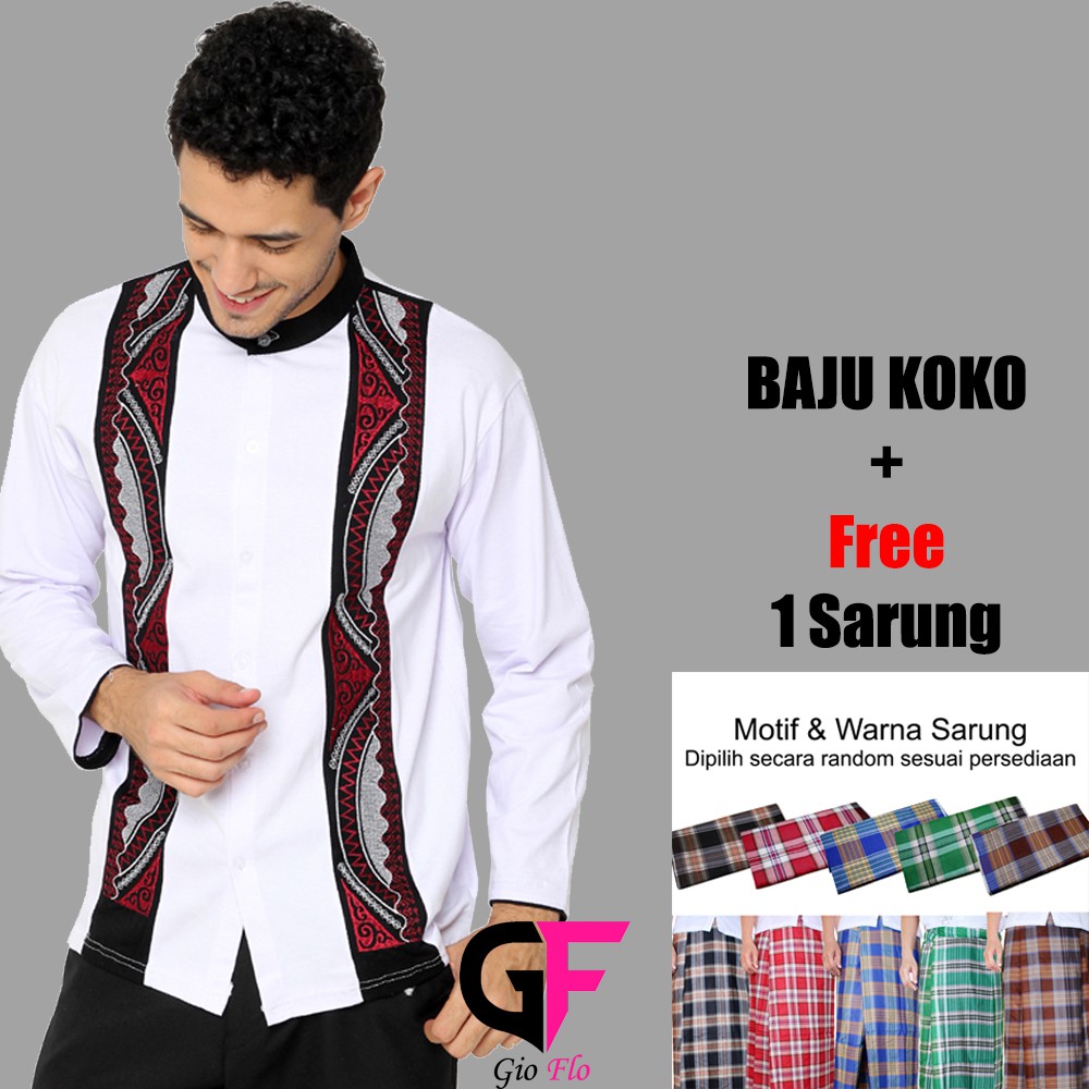 Kemeja Koko Pria Lengan Panjang Bordir + Free Sarung (Banyak Pilihan Warna)