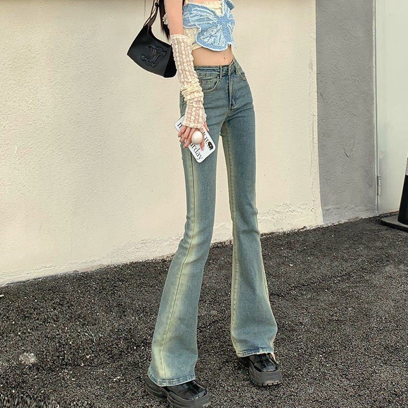 Red American hot girl flare celana wanita 2022 musim semi dan musim panas high-waisted slim fit slim lurus tabung micro-flare retro jeans wanita