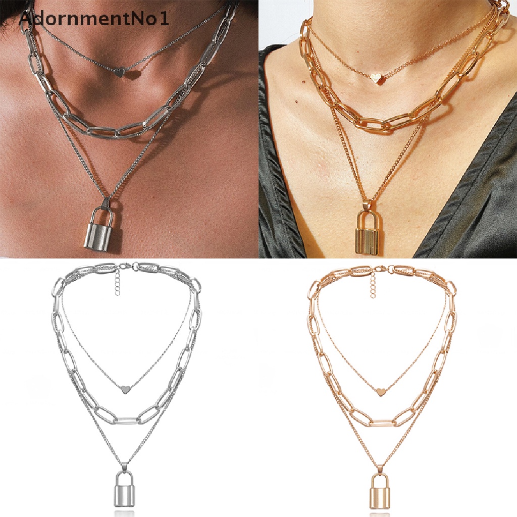 (AdornmentNo1) Kalung Choker Rantai Banyak Lapis Dengan Liontin Gembok Hati Gaya Steampunk Untuk Wanita