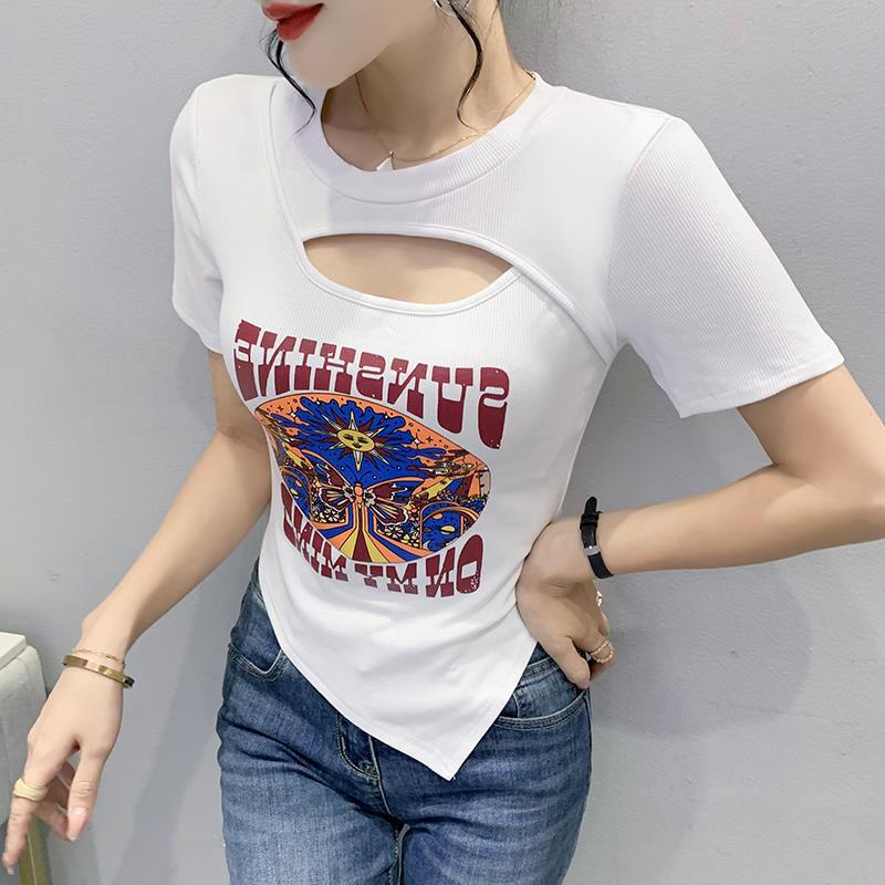 #Sisjuly# Wanita Baru Pendek Slim Fit Sablon Ramping Gaya Barat Wanita Lengan Pendek Atasan Kaos Put