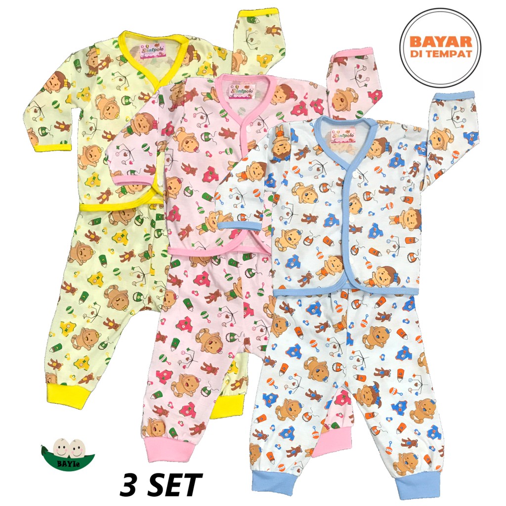 BAYIe - 3 SET Setelan Baju Bayi Lengan Panjang + Celana Panjang New Born SANTPOLO umur 0-3 bulan