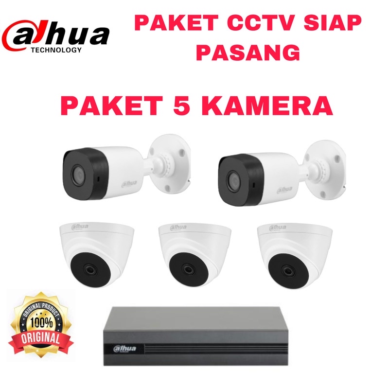 PAKET KAMERA CCTV DAHUA 2MP 5 CAMERA 8 CH CHANNEL 1080p FULL HD KOMPLIT SIAP PASANG 8ch 8channel bisa online di hp 2 mp megapixel MURAH