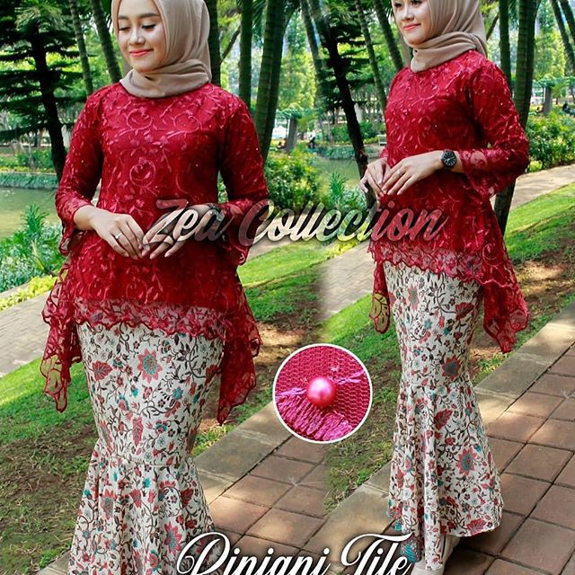 Stelan Kebaya Rinjani Tile Warna Merah Mix Duyung / Kebaya Modern