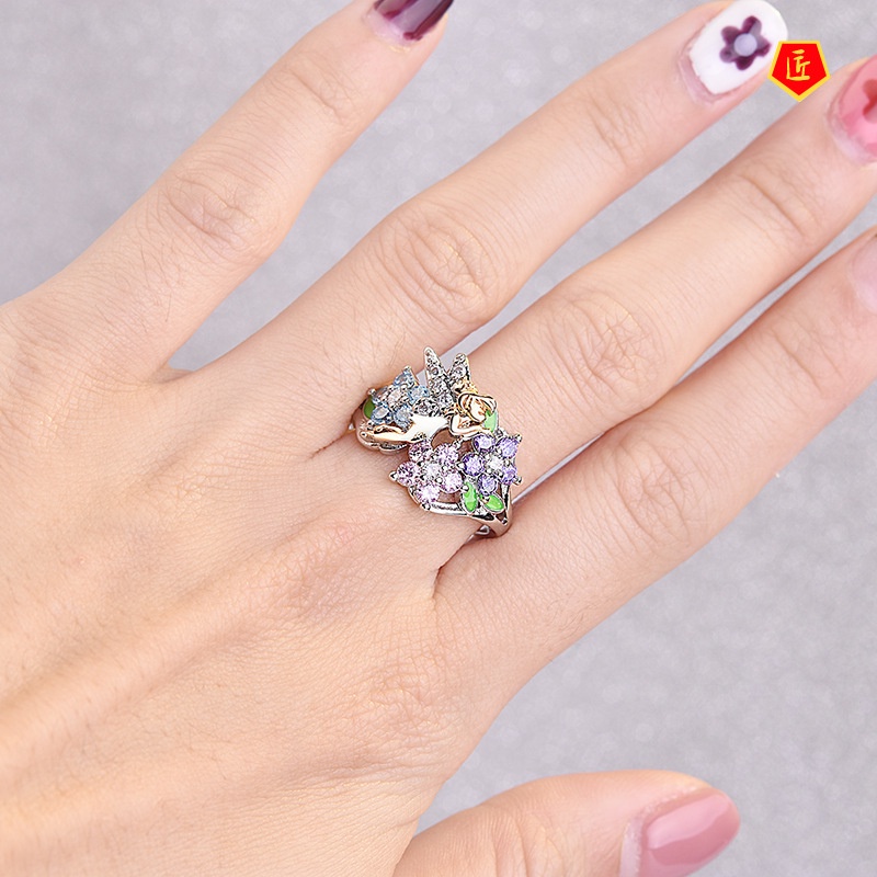 [Ready Stock]Golden Wings Elf Diamond-Studded Ring Fashion Creative Colored Gems