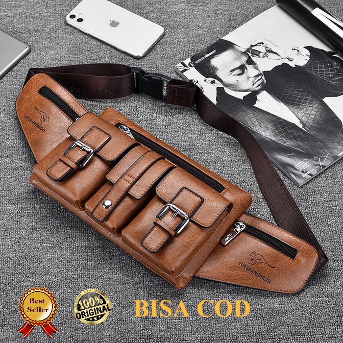 Tas Selempang Kulit Waistbag Tas Pinggang Pria Keren Baru 2021 Yueskangaroo 083 - Coklat