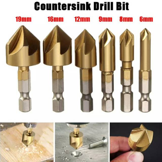 6Pcs Mata Bor Drill Bit 6-19mm Countersink Hex Shank Plat Kayu Alumunium Talang Counter Sink