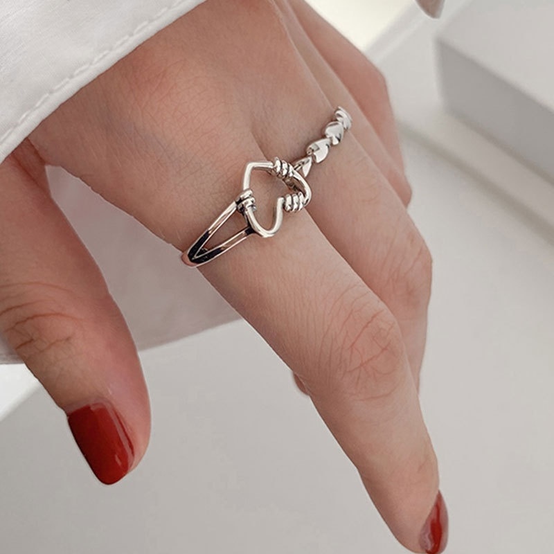 Set Perhiasan Cincin Bentuk Hati Aksen Mutiara Model Hollow Bahan Metal Alloy Warna Silver Untuk Hadiah Valentine