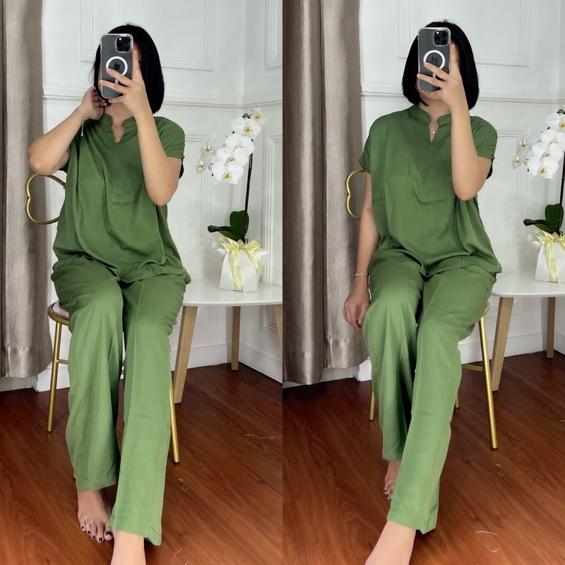 ONE SET TWILL PIYAMA SET TWILL/PAJAMAS/DAILY ONE SET/SETELAN / SETCEL / KEMEJA RAYON / RAYON TWILL-LAWNGREEN TWILL