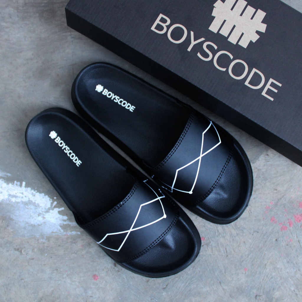 Sandal Slip On Pria Distro Terbaru Boyscode Curves Lines Hitam / Sandal Slop / Sandal Slide Pria