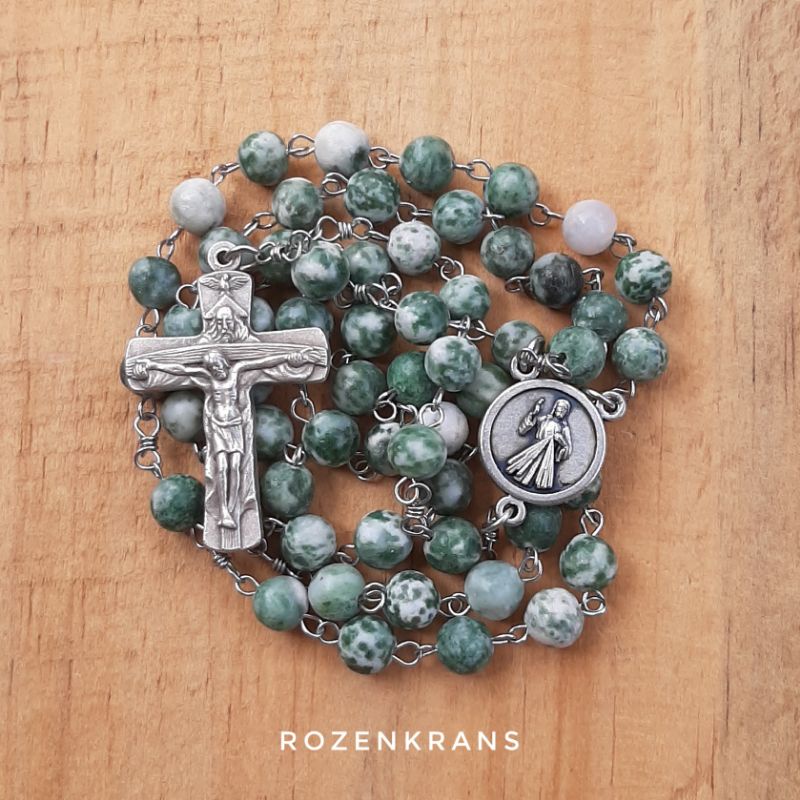 ROSARIO MANIK BATU ALAM GREEN SPOT JASPER 6MM KALUNG ROSARIO SALIB ITALY