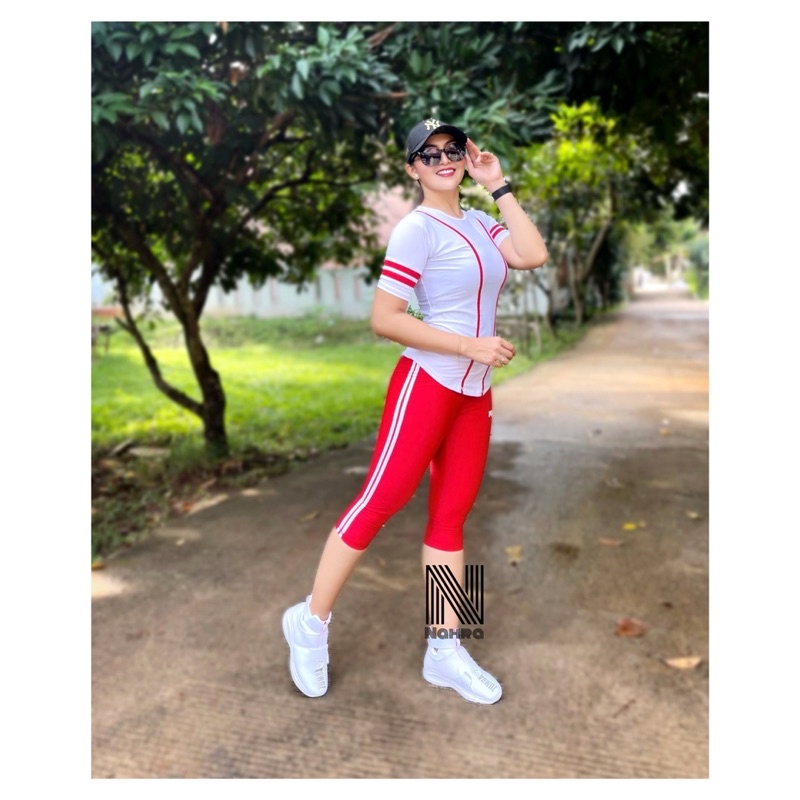 Setelan Baju Senam Olahraga Baseball Putih Merah  / Baju Senam Aerobik Fitness Zumba Cycling Running-8