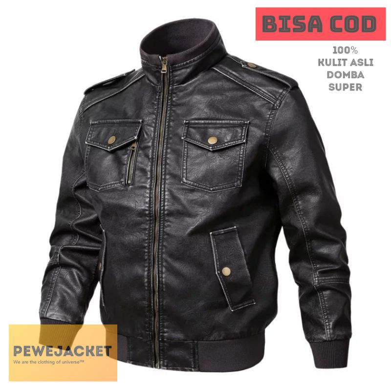 JAKET PRIA KULIT ASLI DOMBA SUPER/JAKET PRIA KULIT ASLI MODEL BOMBER KERAH WARNA COKLAT TAN