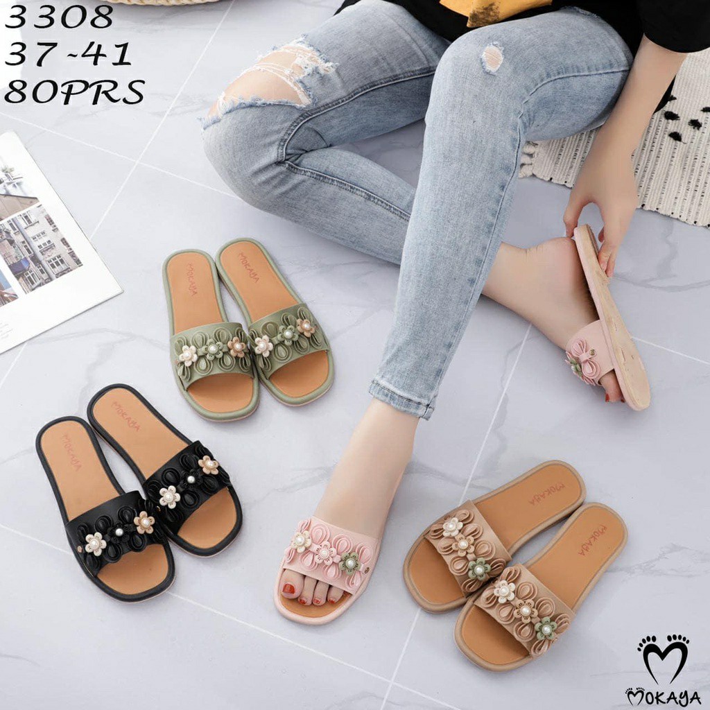 Sandal Slop Wanita Motif Pita Hias 3 Bunga Kecil Super Cantik Mewah Import Mokaya/ size 37-41 (3308)