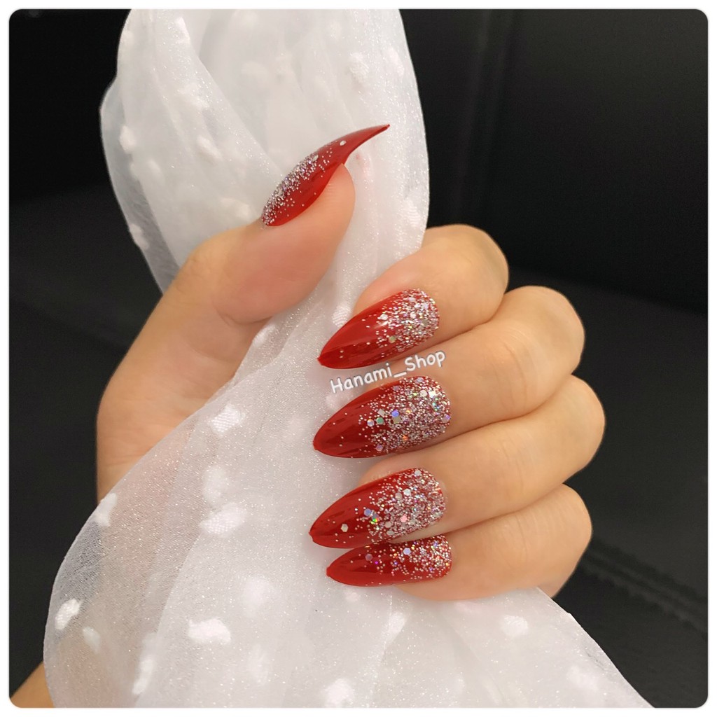 wedding fake nail false nail kuku palsu pernikahan merah maroon glitter sgm