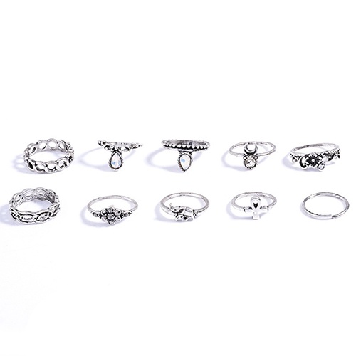 Hu Hu Hu Hu Hu Alat Bantu Pasang Kacamata♡ 10pcs / Set Cincin Buku Jari Aneka Bentuk Warna Silver Gaya Retro Boho Untuk Wanita