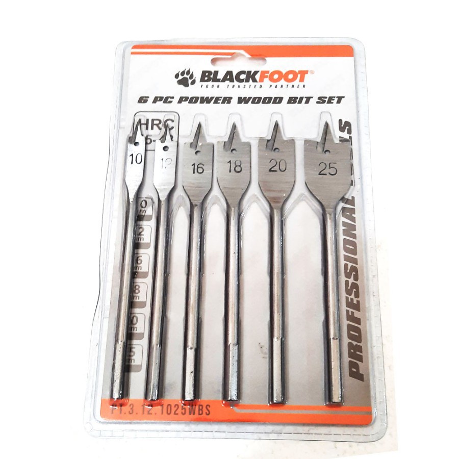 Mata Bor Kipas Kayu Set 6pcs BLACKFOOT 6 pcs Pelubang Pipih 10 12 16 18 20 25 Wood Flat Bit