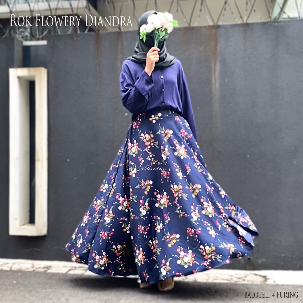 Rok Panjang Wanita  Payung Muslimah Motif Bunga Flowery Diandra Umbrella Skirt Rok Maxi Rok Flare