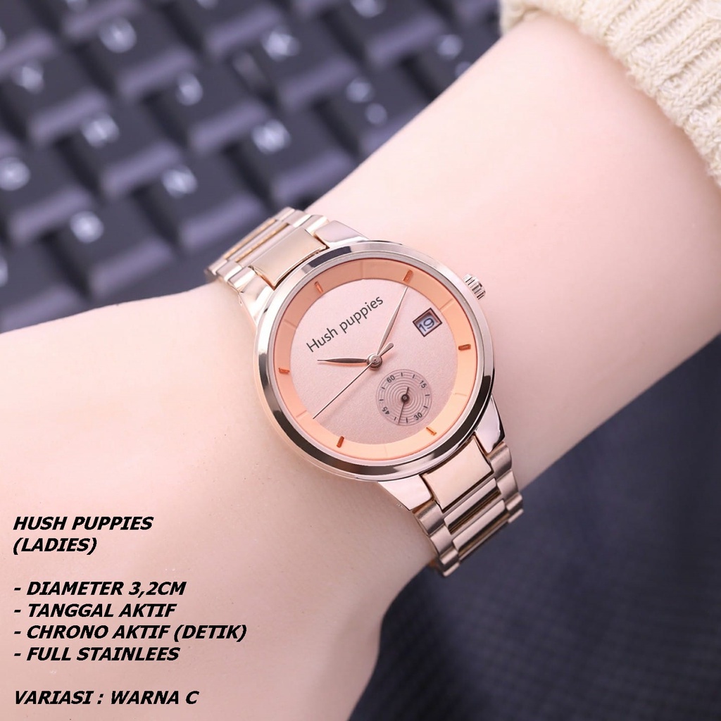 (BISA COD) JAM TANGAN WANITA HUSH PUPPIES H-0109 RANTAI BODY BULAT TANGGAL &amp; CHRONO AKTIF