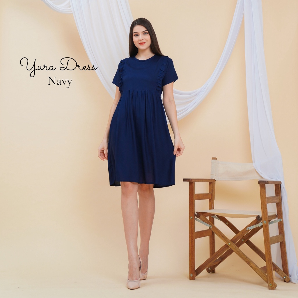 Yura Midi Dress Wanita Rayon Premium Baju Wanita Lengan Pendek Pakaian Fashion Kekinian LD 110 cm