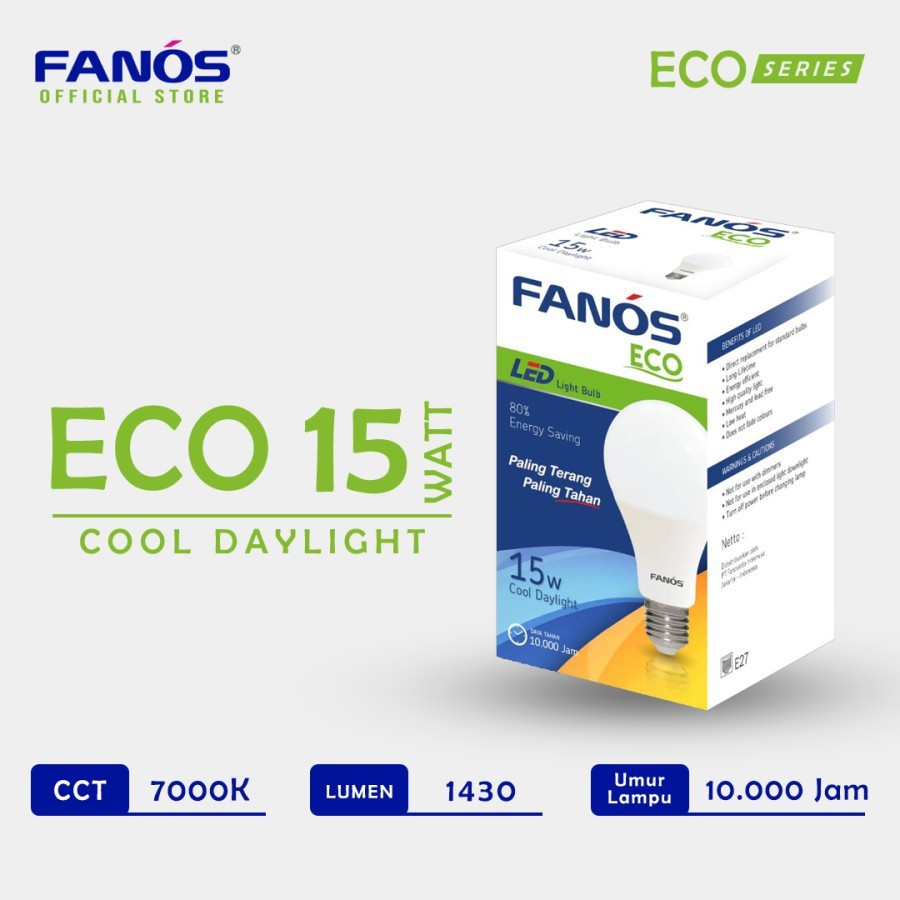 Fanos Lampu Led Eco 15 Watt - Bohlam Bergaransi 15W 15Watt 15 W Putih Cool Daylight