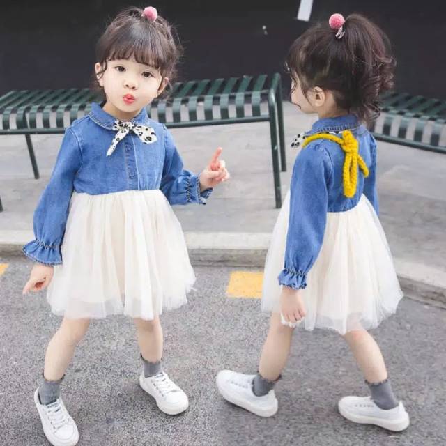 Dress Denim Tutu Anak Perempuan Dengan Simpul Dasi