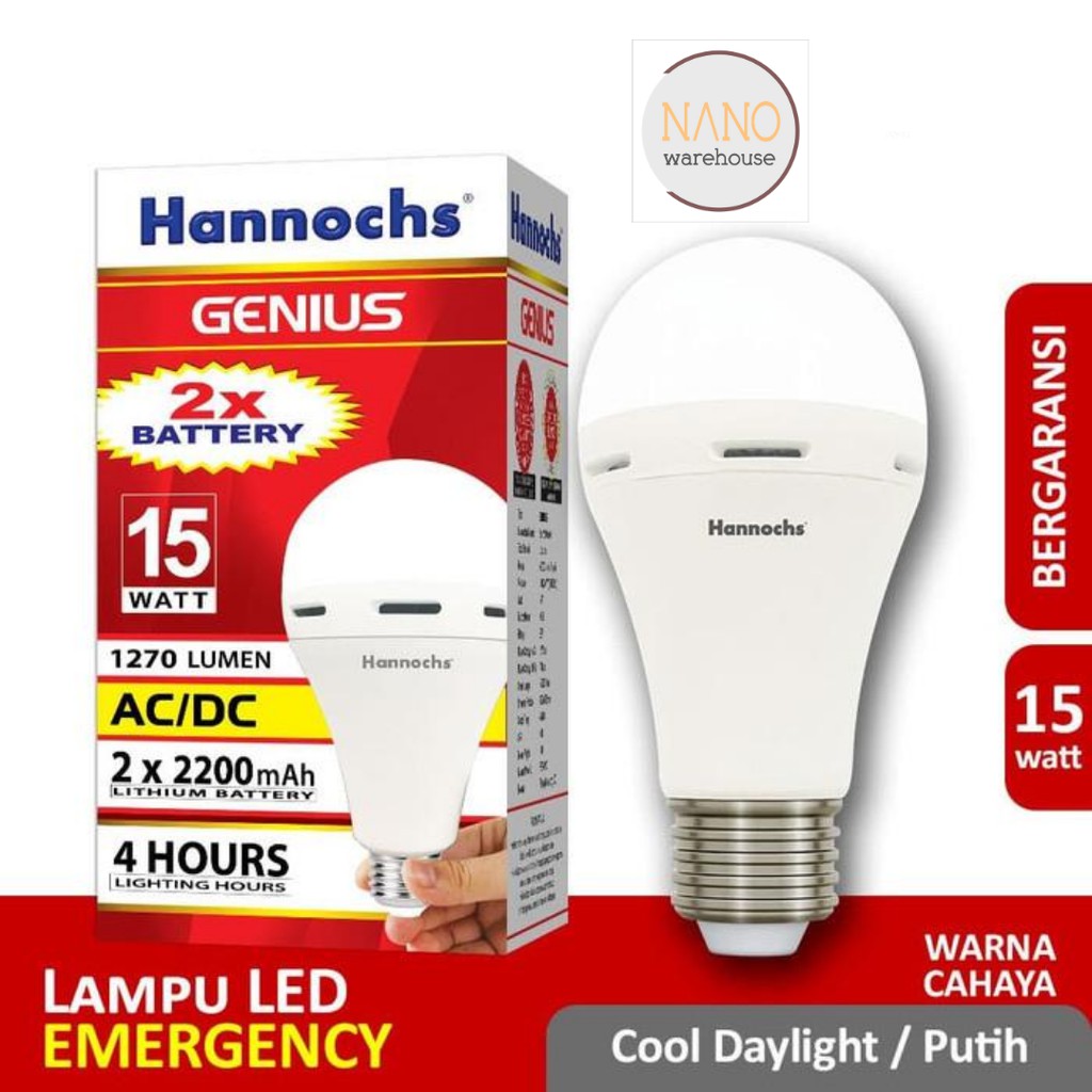 Bola Lampu Cas Darurat Emergency Hannochs LED Genius 15w AC/DC Putih Otomatis Nyala