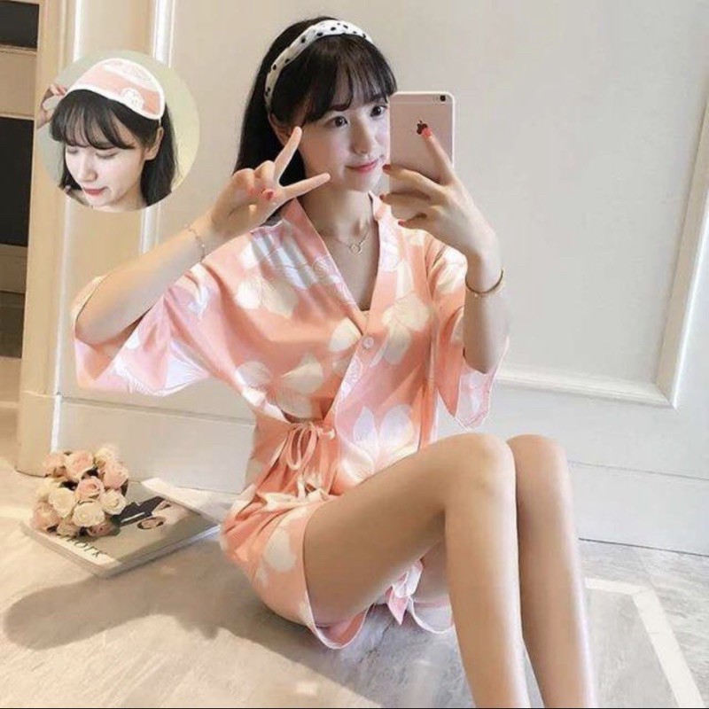 PIYAMA SPANDEX IMPORT BAJU TIDUR SETELAN HOTPANTS KIMONO SET JUMBO MOTIF IMPORT