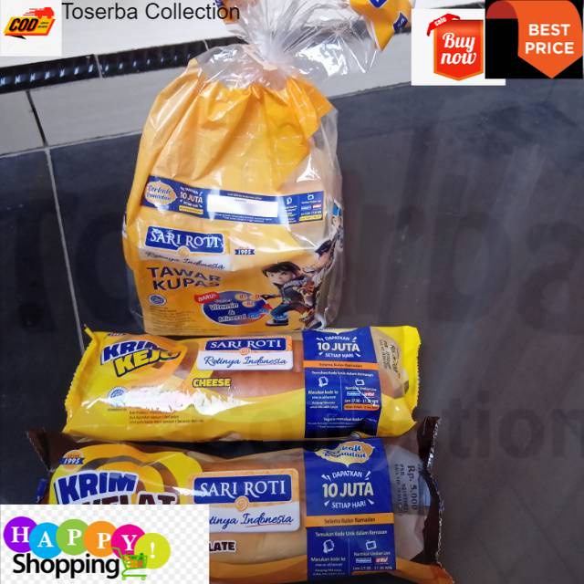 

Toserba Collection Roti Sari Roti satu roti krim cokelat+ satu roti krim keju+satu tawar kupas Bandung - Cimahi