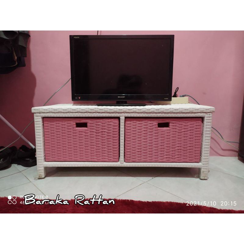 Lemari Laci Meja TV Rotan Sintetis Rak Susun 2 Pintu Laci Serbaguna
